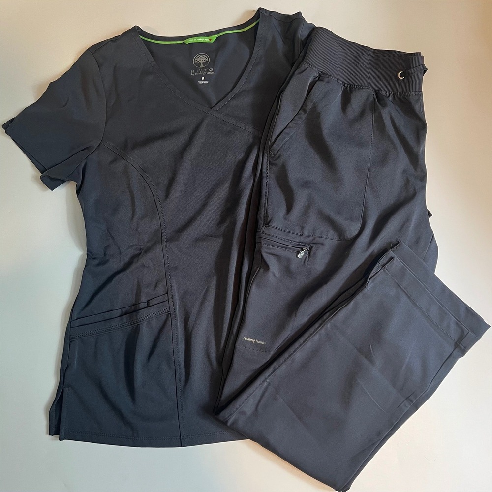 HH Works Womens M Scrub Set Charcoal Madison Top Raine Pants Stretch Lightweight